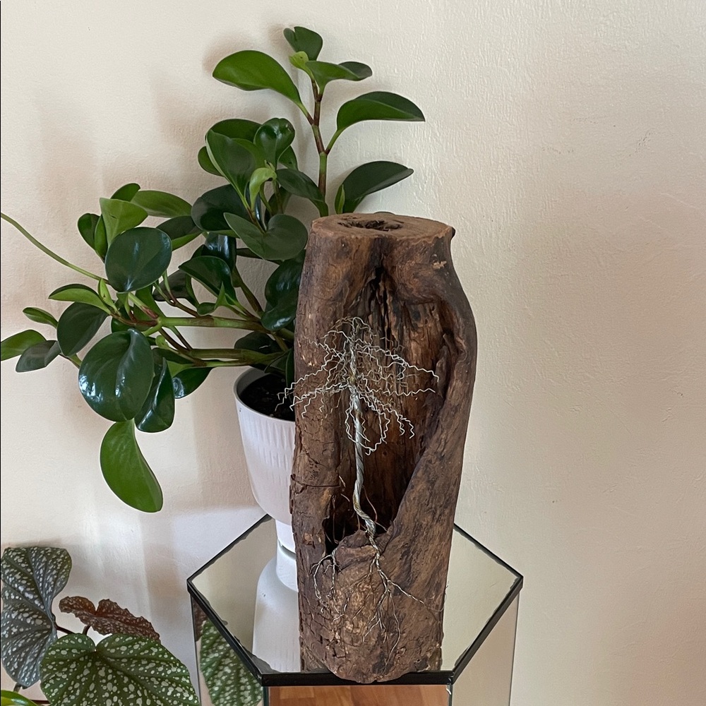 Entangled Wood Log, Wire Tree Sculpture